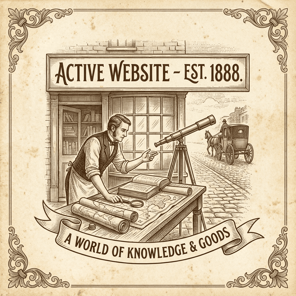 Vintage engraving of a bustling shopfront with telescope and maps