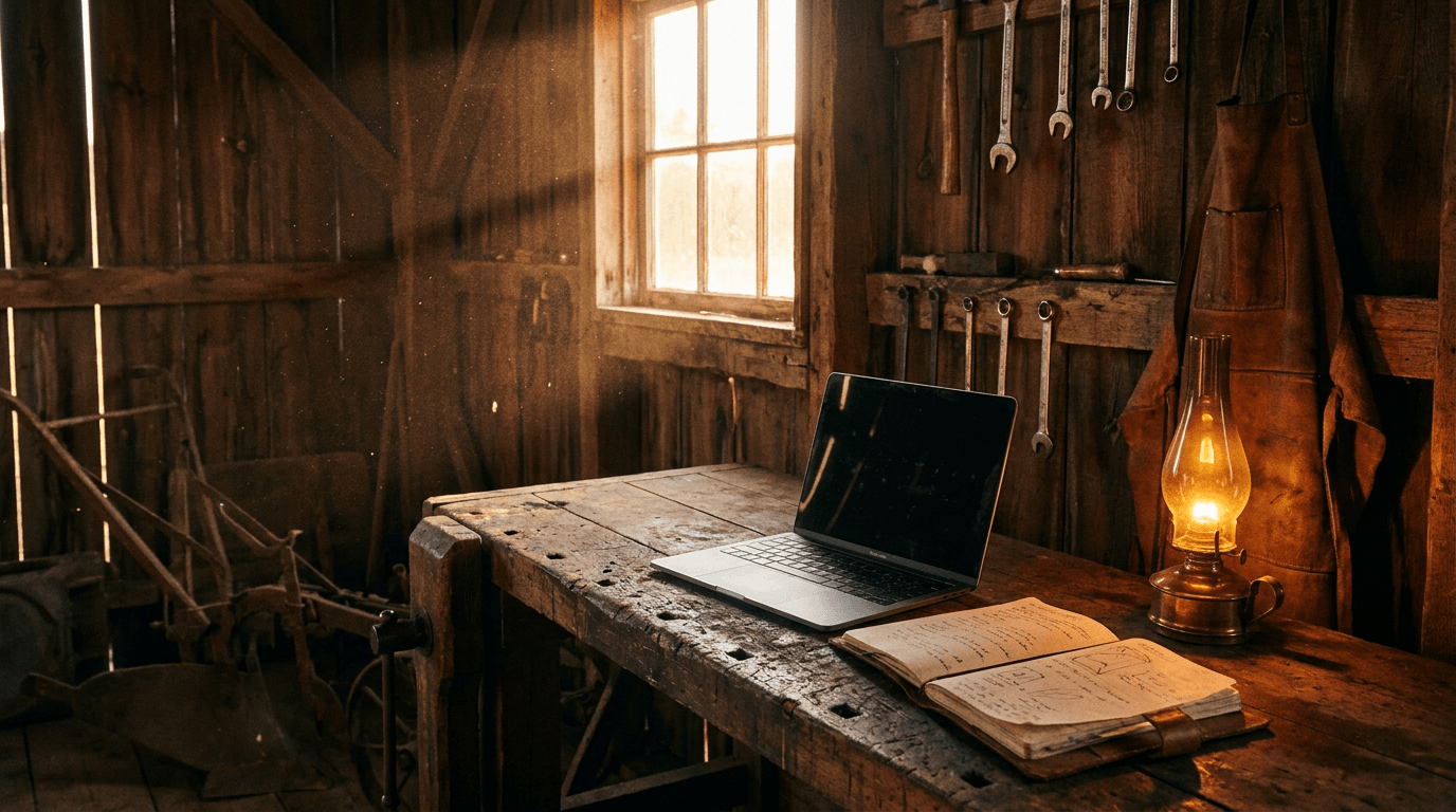 Warm weathered barn workshop at golden hour — wooden workbench with laptop and handwritten notebook, brass oil lamp, tools on wall, amber sunlight through dusty window