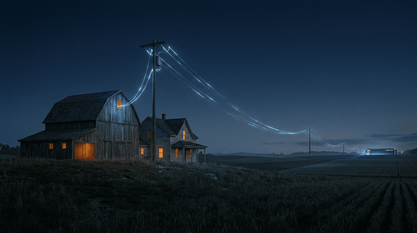 Rural farmhouse and barn at dusk with fiber optic cable and data center glow on the horizon — warm amber windows, cool blue data lines