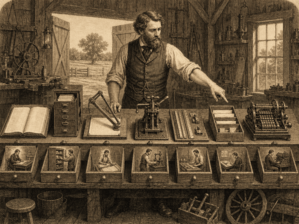 Victorian-style engraving of a workshop foreman routing specialized tools across a workbench, symbolizing business AI orchestration.