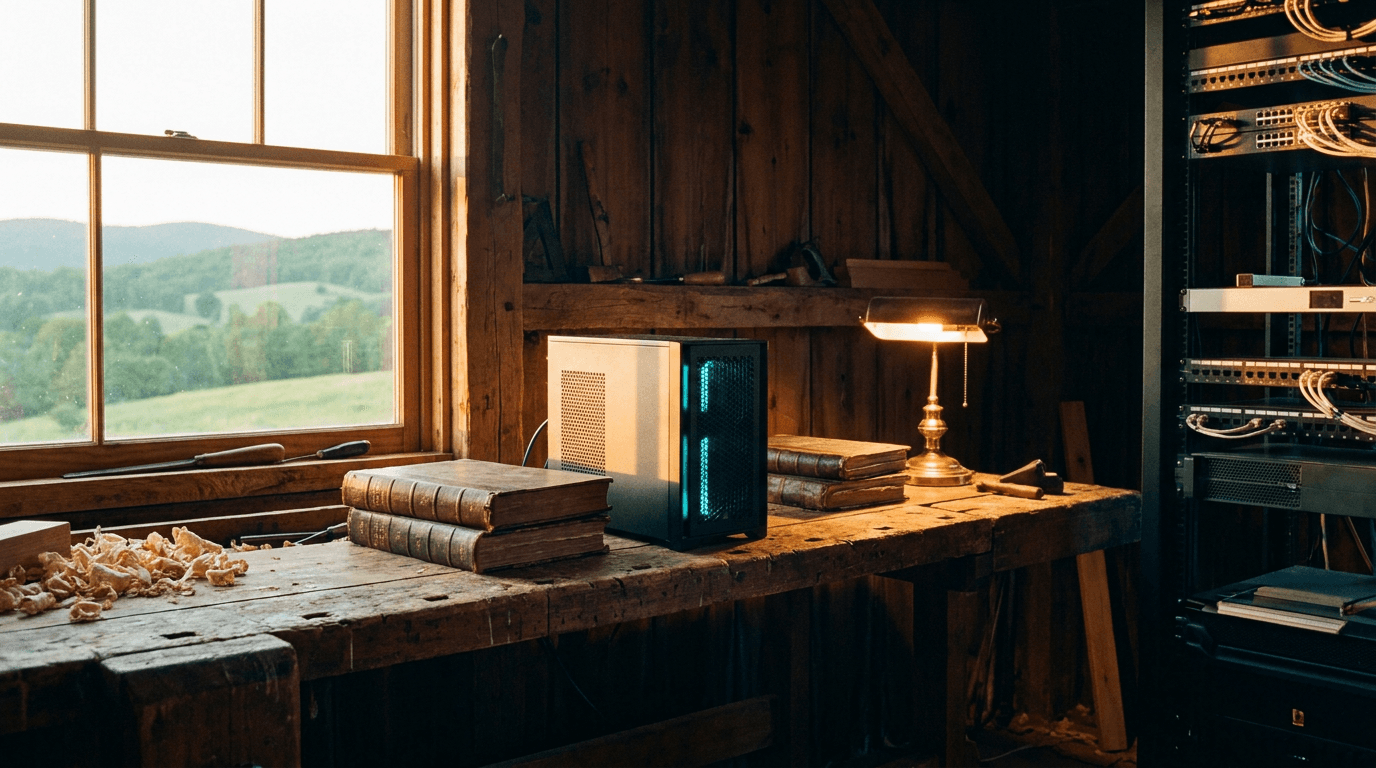 Rural barn workshop at golden hour — wooden workbench with server tower, ledgers, brass lamp, hills through window