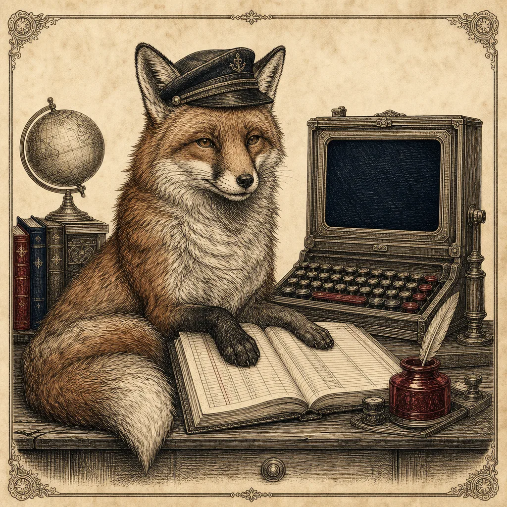 Vintage engraving of Captain Max, a fox beside a business computer and ledger