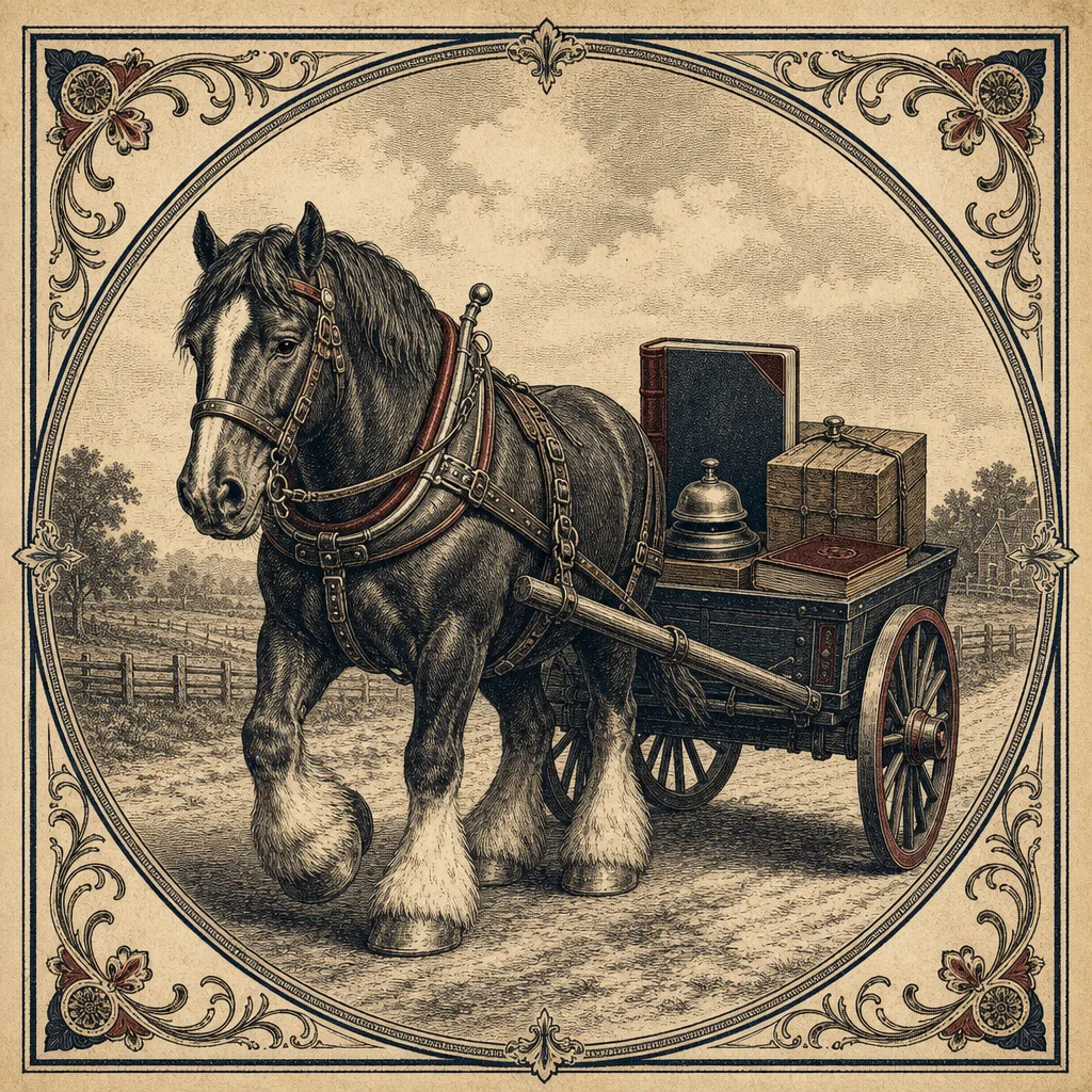 Vintage engraving of a draft horse pulling a business wagon