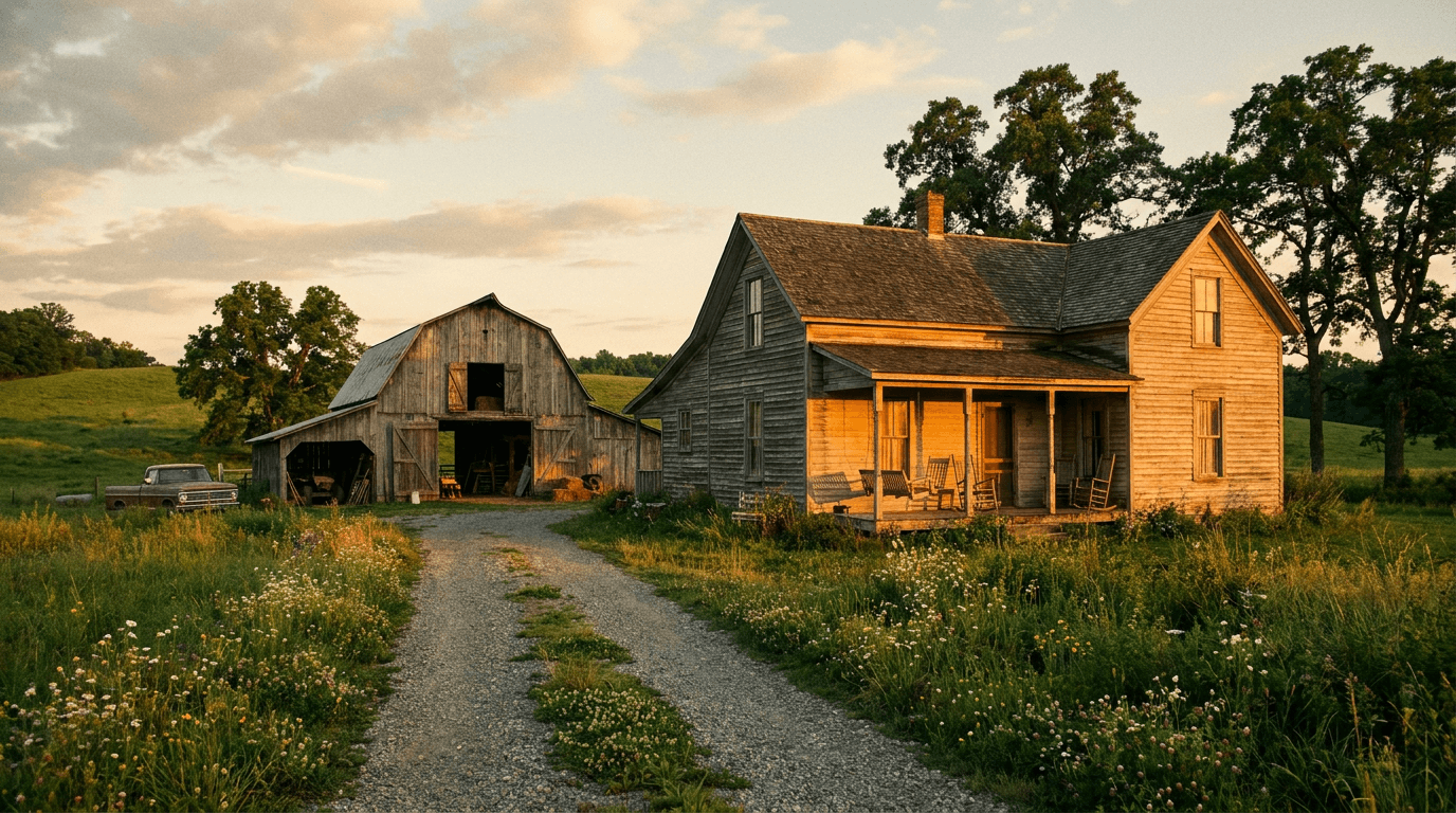 Old weathered farmhouse and barn at golden hour — long gravel driveway, warm amber light on the siding, green rolling hills