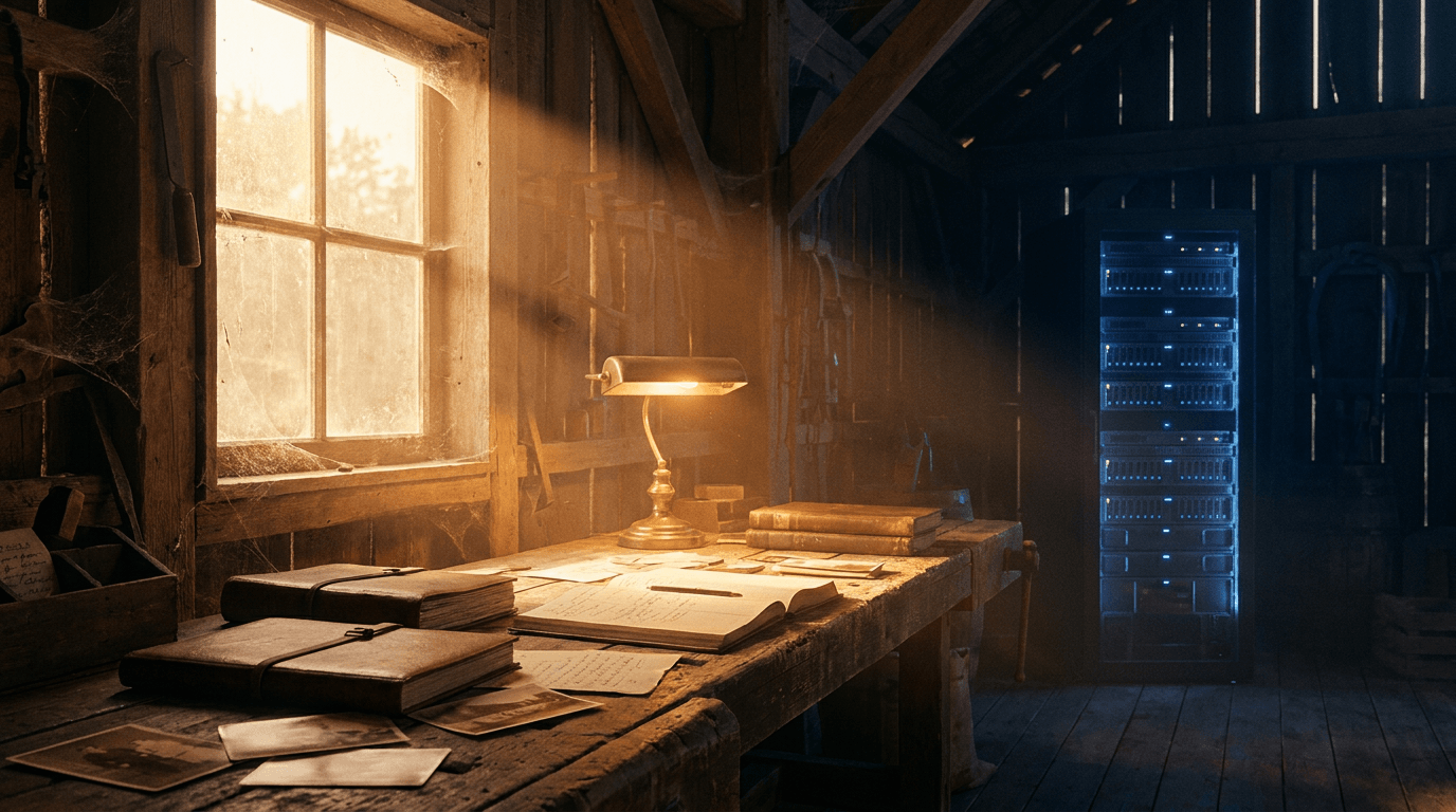 Rural barn workshop at golden hour — wooden workbench with ledgers, notes, and photographs, warm amber light streaming through window, blue server glow in background