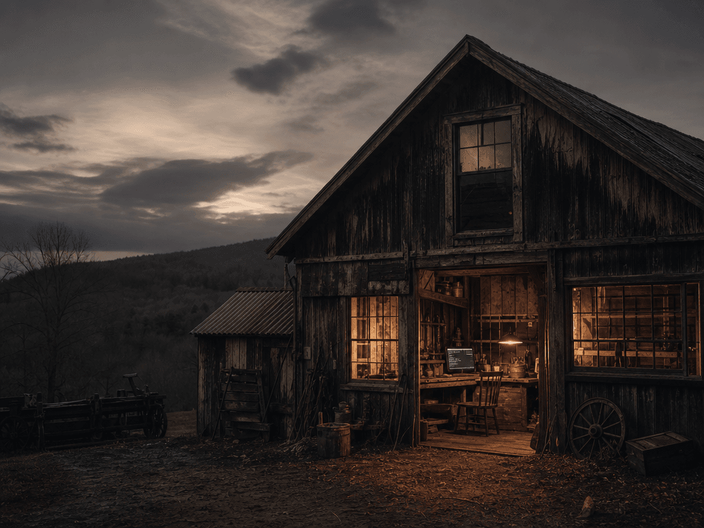 Weathered rural farmhouse workshop exterior at dusk with warm light glowing from the windows and old tools visible inside.
