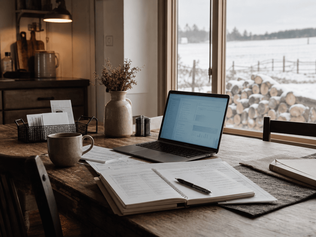 Farmhouse kitchen table arranged as a small business command center with notebook, invoices, coffee, and a quiet laptop glow.
