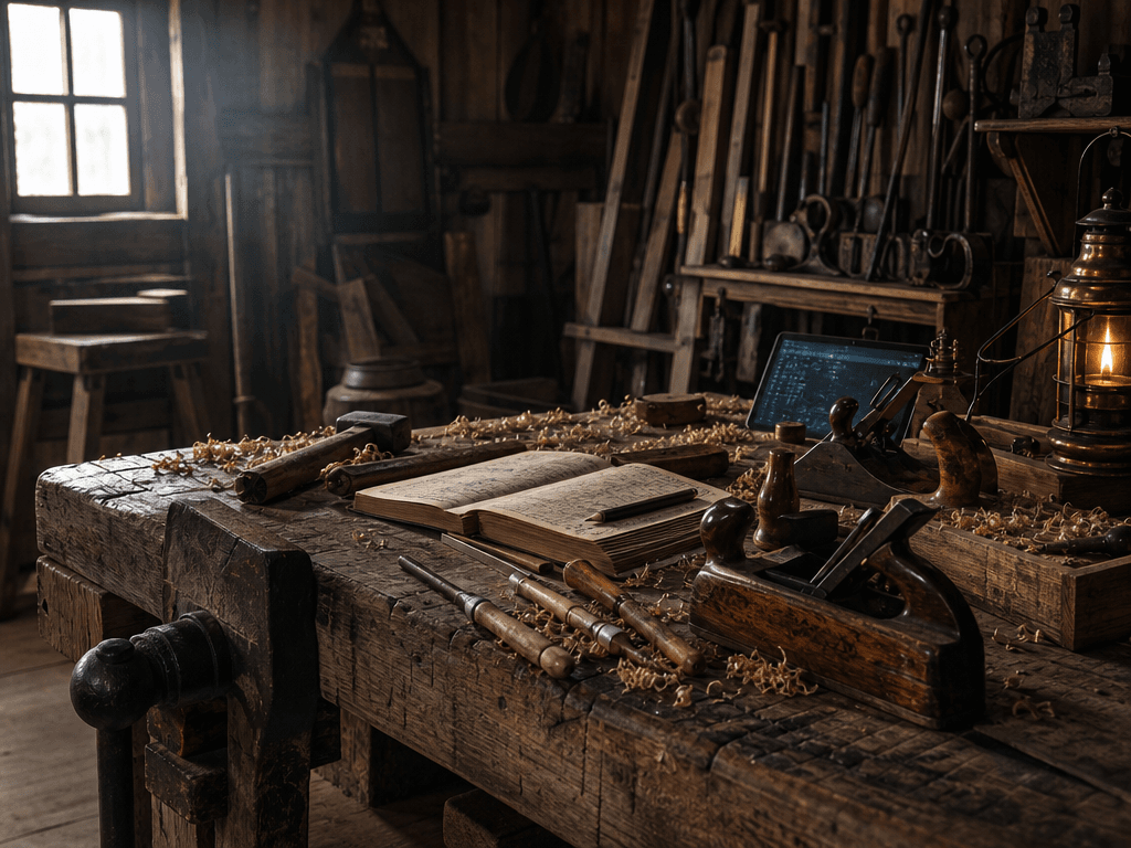 Old carpenter workbench in a rural barn workshop with hand tools, sawdust, a ledger notebook, and a subtle modern screen glow.