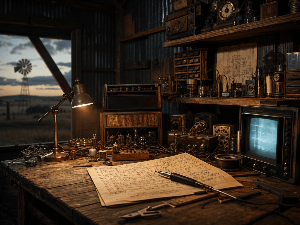Old electronics repair bench inside a barn workshop with radio parts, soldering tools, wooden shelves, diagrams, and warm lamplight.