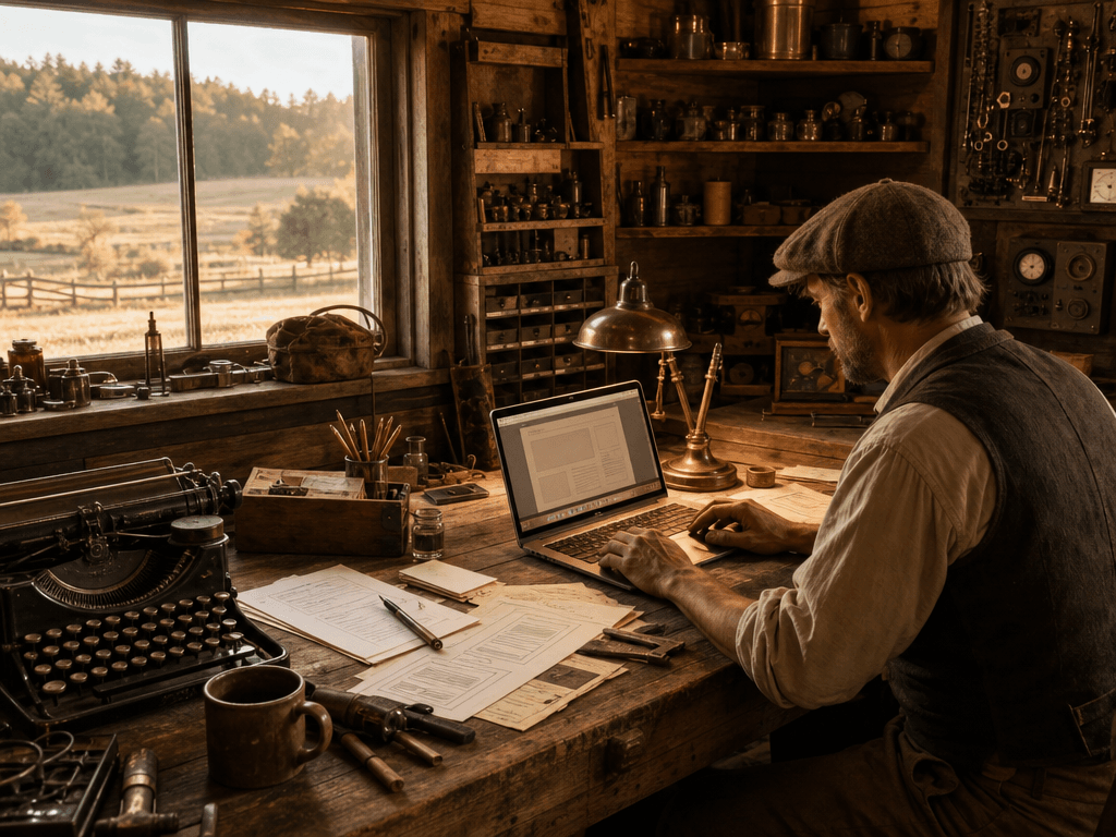 Rustic rural workshop workbench with website wireframes, tools, a laptop, and warm morning light — an AI-managed WordPress site being shaped like craftwork.