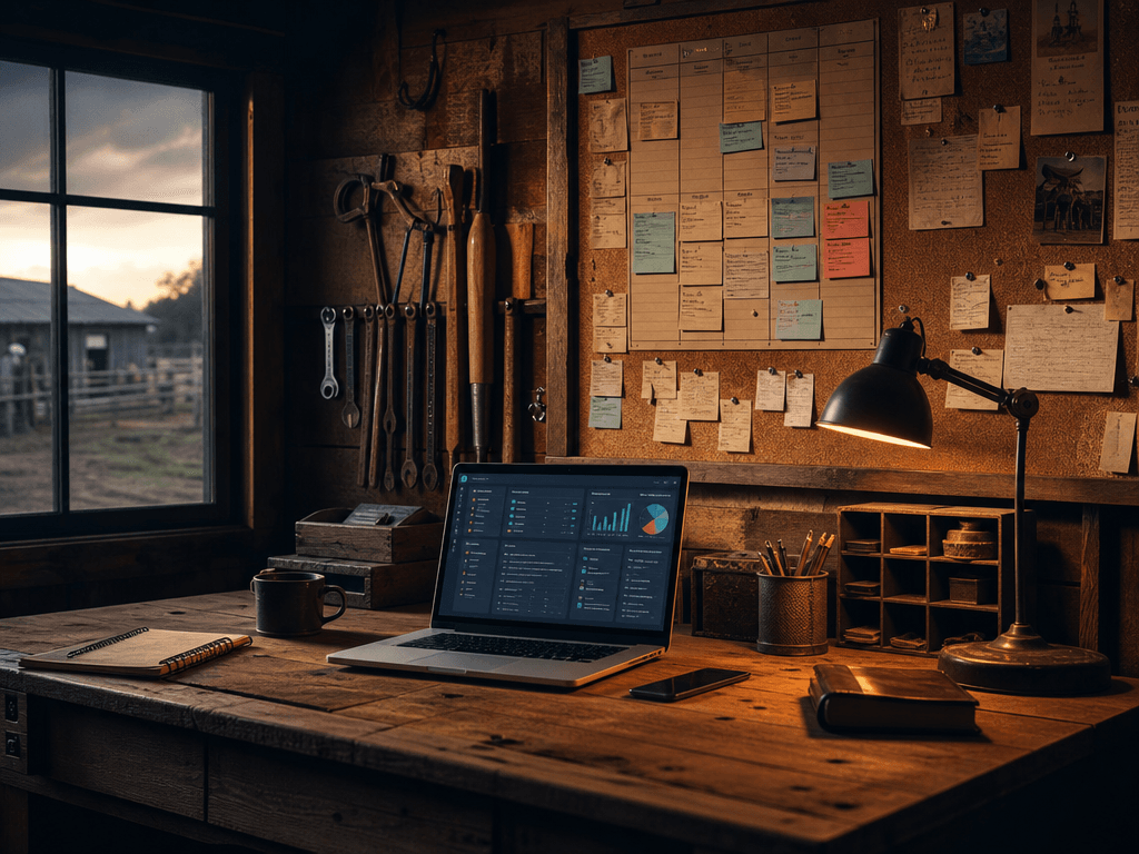 Rustic rural operations room with corkboard schedules, index cards, hanging tools, and a small CRM dashboard glow on a laptop.