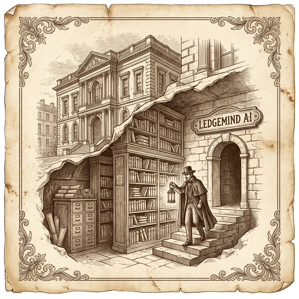 Vintage engraving of a building foundation preserving institutional knowledge