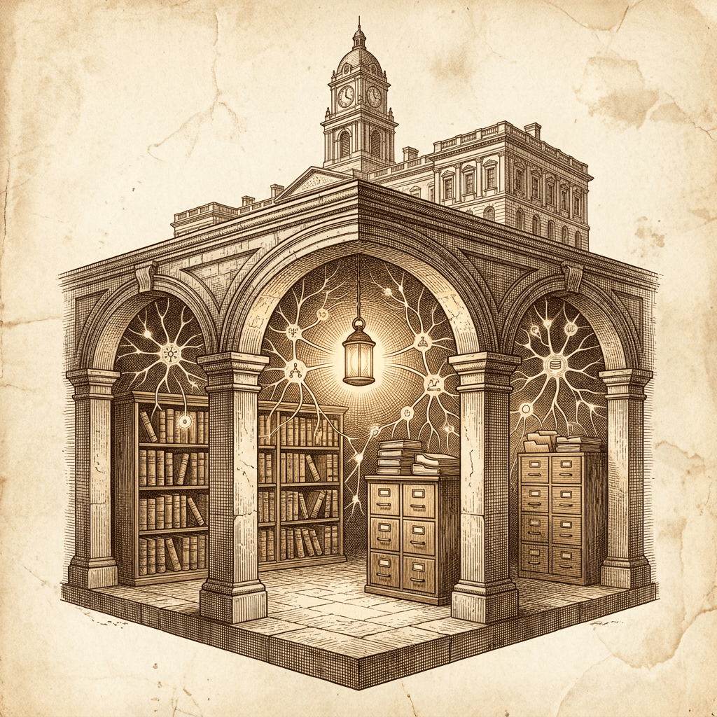 Vintage engraved illustration of a building foundation preserving institutional knowledge