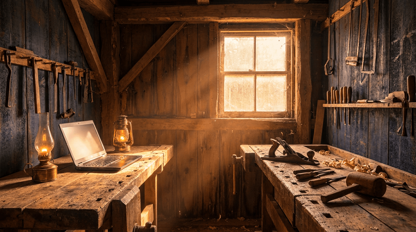 Warm weathered barn workshop at golden hour — wooden workbench with open laptop and hand tools, brass oil lamp, amber sunlight through dusty window, tools on wall