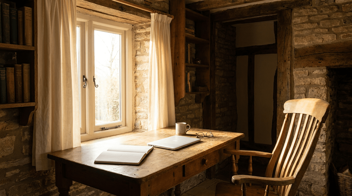 Quiet writing desk in a farmhouse corner — morning light through a window, a blank notebook open beside a laptop, a coffee mug, an empty chair pulled up, warm wood tones