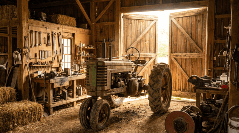 Rural tractor and barn tool image representing practical technology as just a tool