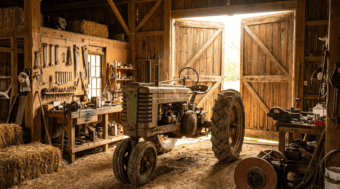 Vintage tractor in a weathered barn workshop — warm amber light, tools on the walls, decades of honest work