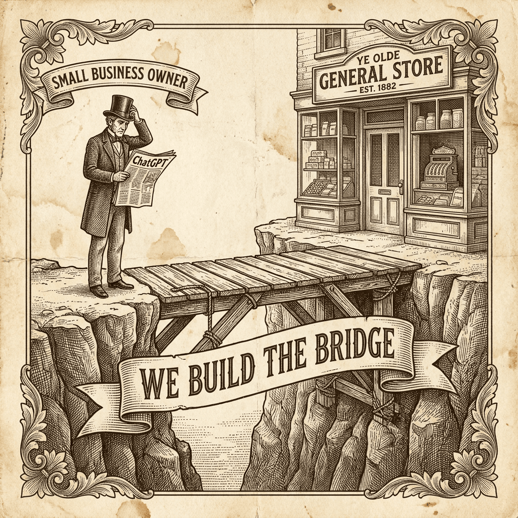 Vintage engraving of a bridge spanning a gap between two cliffs