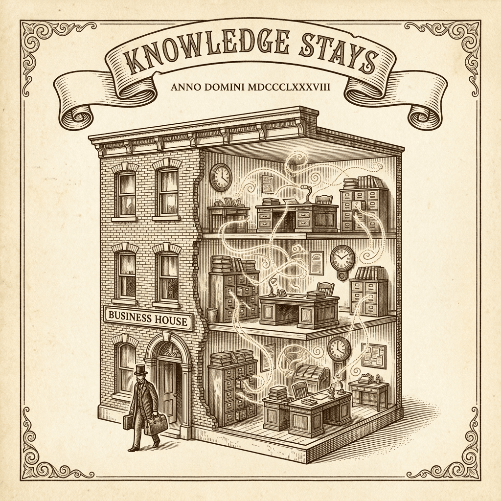 Vintage engraving of a building retaining knowledge as a person leaves