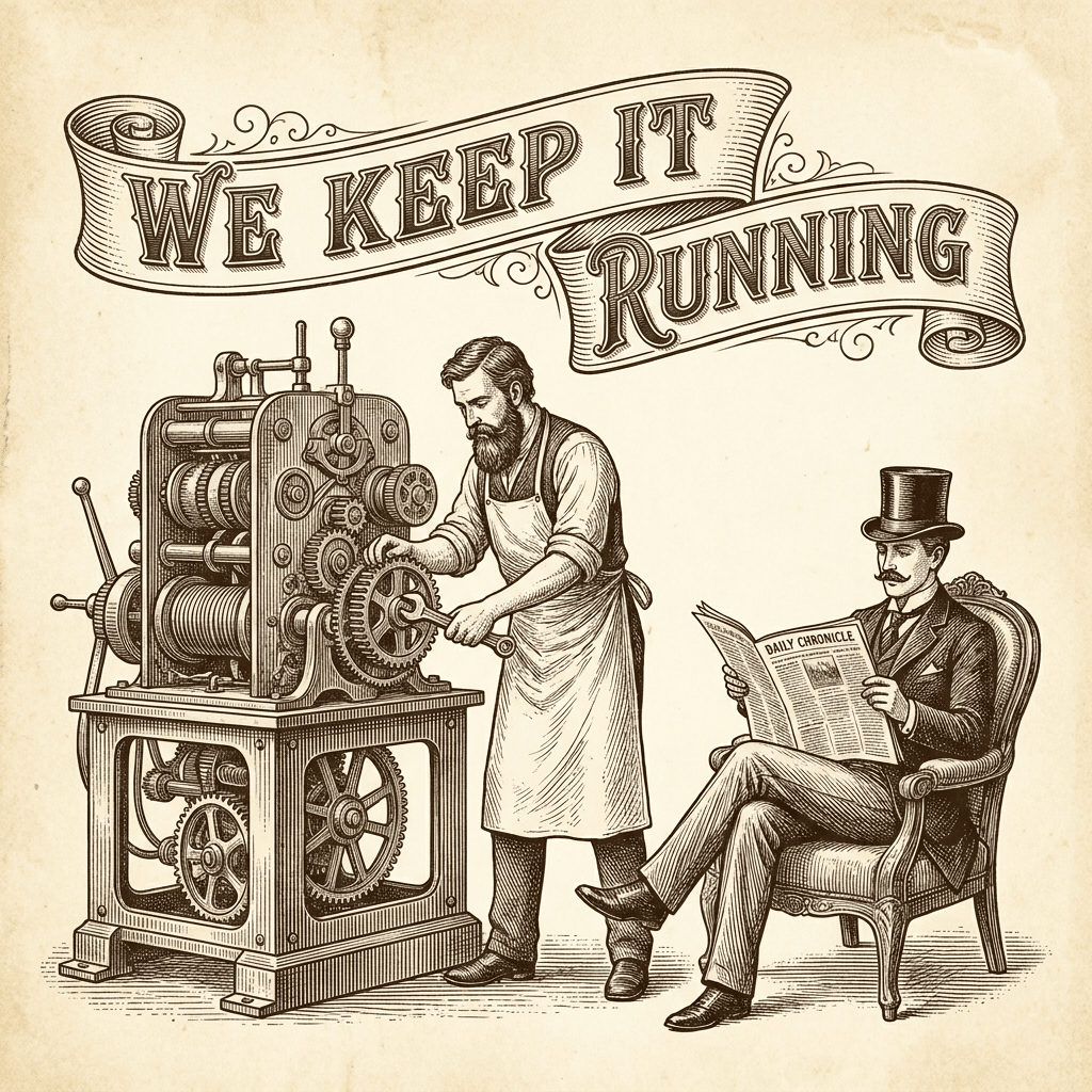 Vintage engraving of a watchmaker tending a complex machine while the owner relaxes