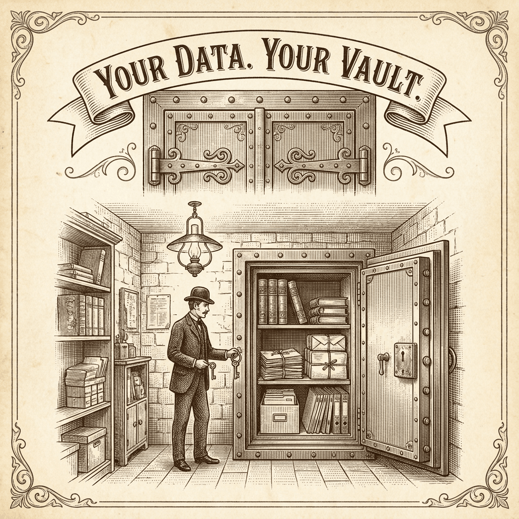 Vintage engraving of a private vault with the business owner holding the only key