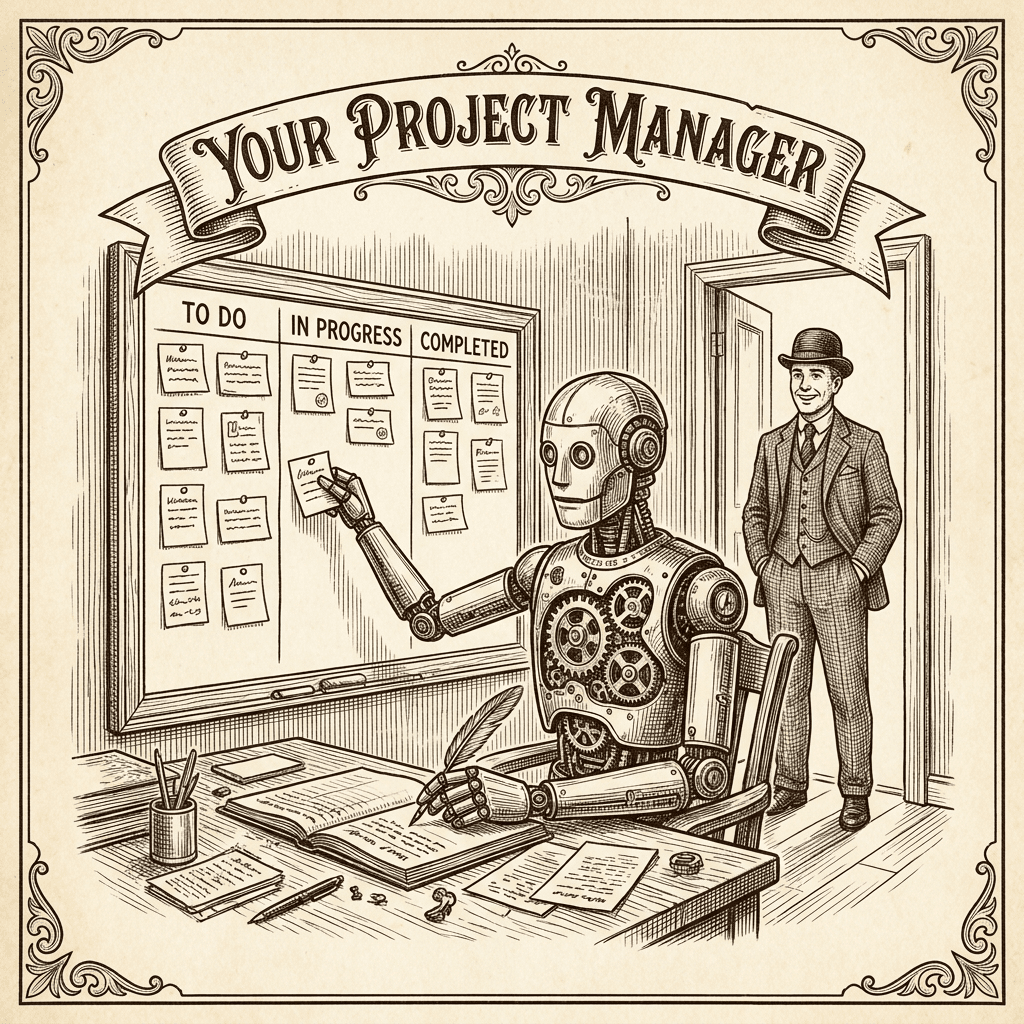 Vintage engraving of a clockwork automaton managing tasks at a desk