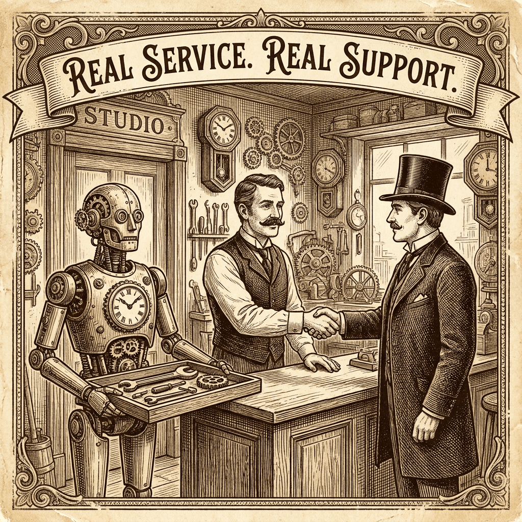 Vintage engraving of a shopkeeper and clockwork assistant greeting a customer