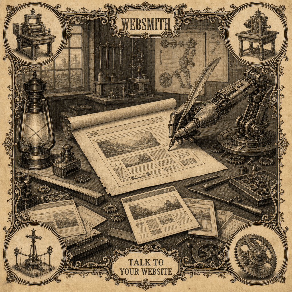 Vintage engraved illustration of WebSmith as an AI website craftsman shaping website pages at a workbench
