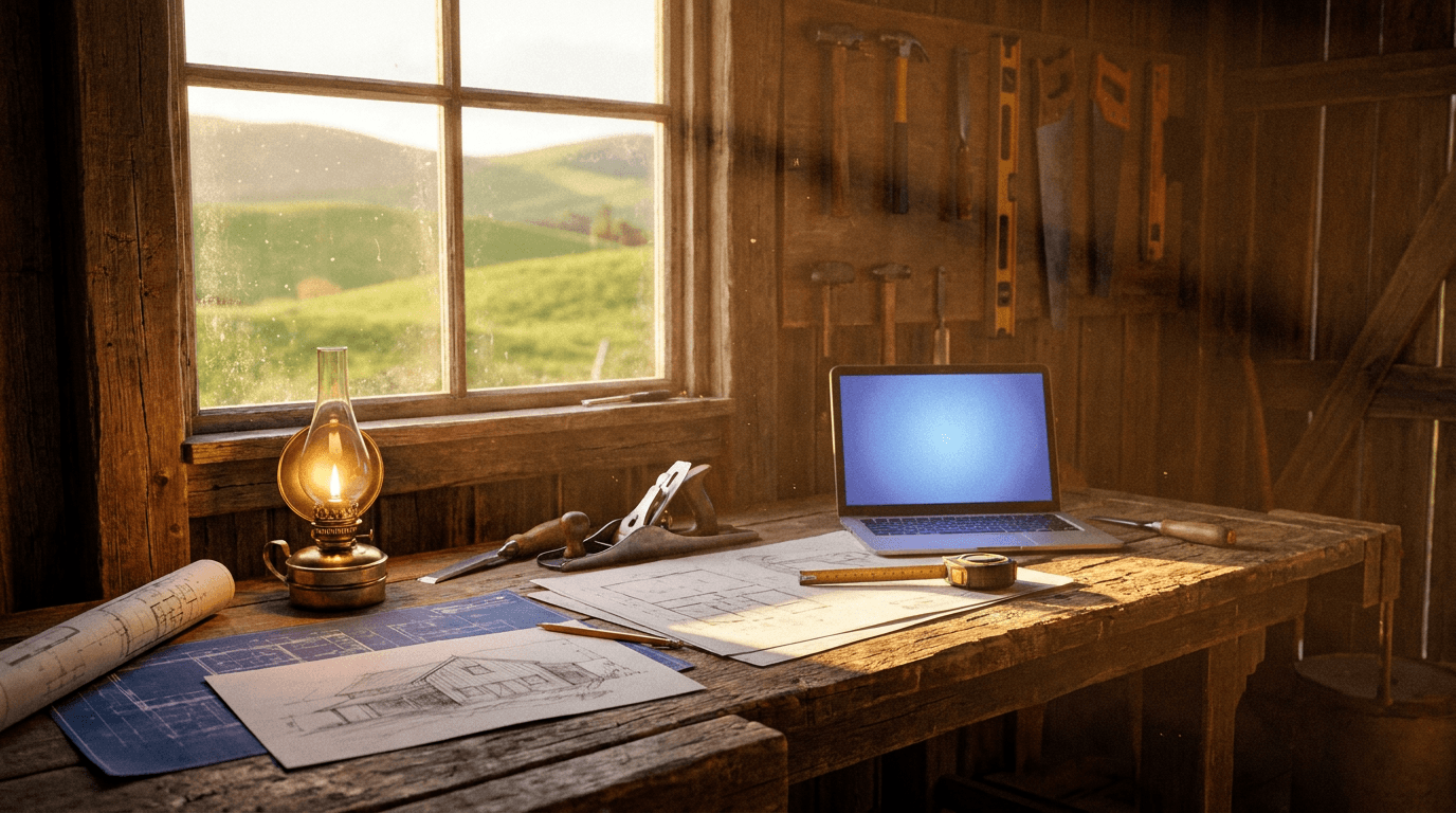 Warm weathered barn workshop at golden hour — wooden workbench covered in blueprints and architectural drawings, hand plane and chisel beside a laptop, brass oil lamp, tools on wall, dusty window with green hills