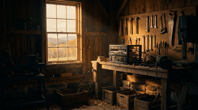 Rural workshop barn with wooden workbench and server, warm amber light, hills through window
