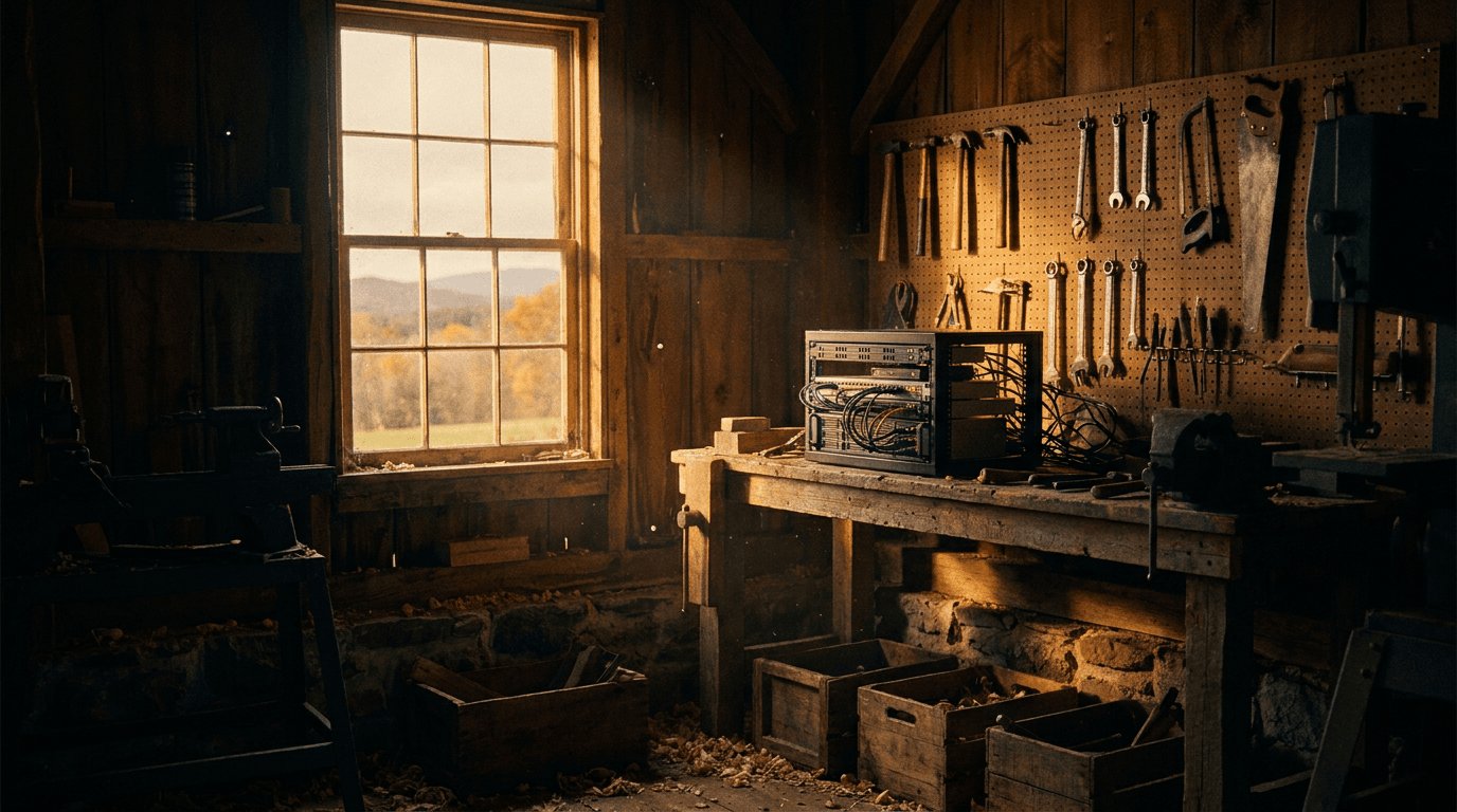 Rural workshop in a weathered barn — warm amber light, wooden workbench with glowing server stack, hills visible through the window