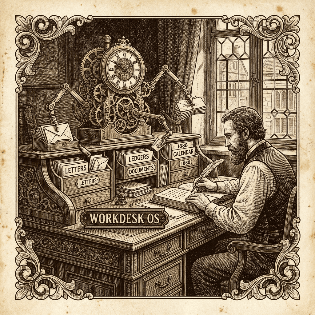 Vintage engraving of a craftsman's desk with a clockwork mechanical assistant