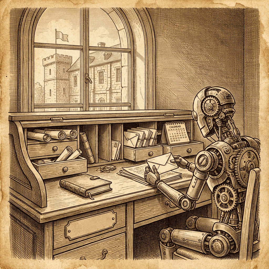 Vintage engraved illustration of a craftsman's desk with a mechanical assistant